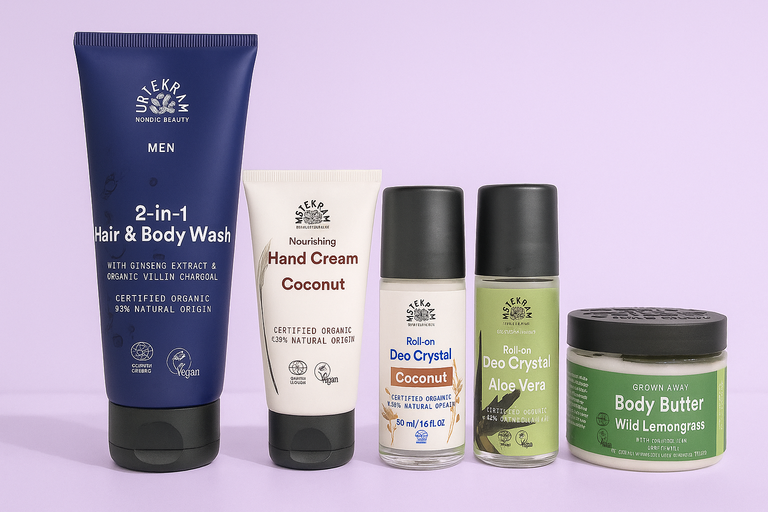 Natūrali kosmetika kūnui iš Urtekram – losjonai, kremai ir dezodorantas kasdienei priežiūrai.