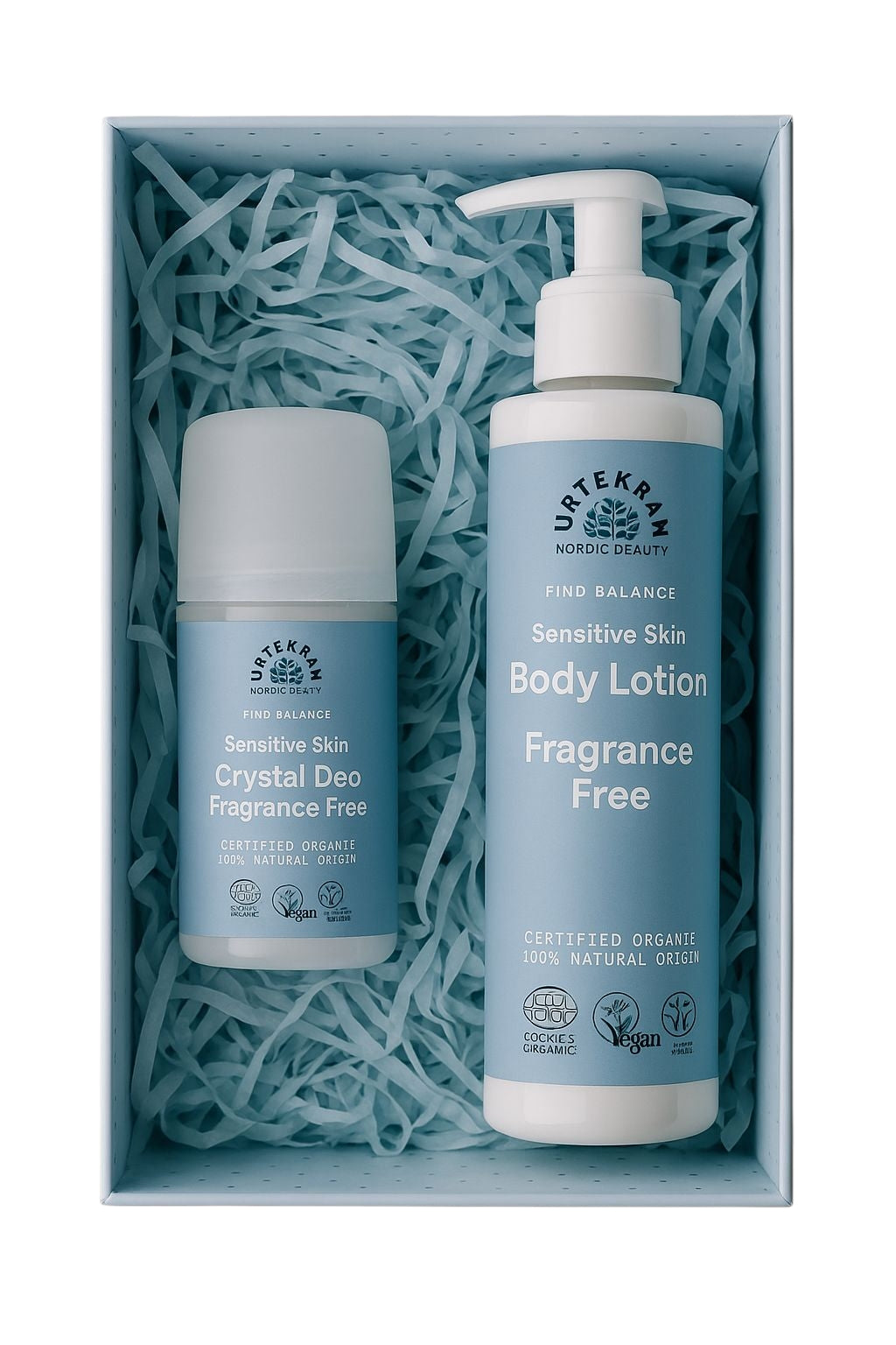 Natūralus bekvapis kūno losjono ir dezodoranto rinkinys dovanų dėžutėje.