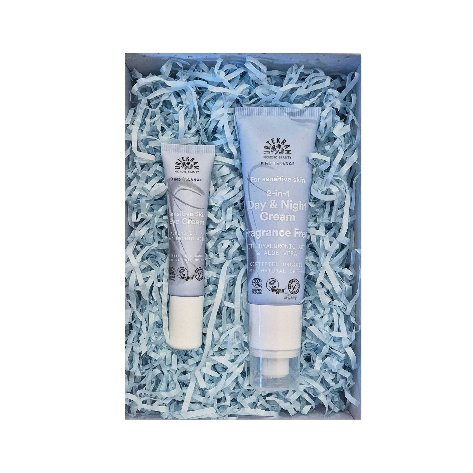 Natūrali kosmetika – dovanų bekvapis rinkinys jautriai odai su paakių kremu ir 2-in-1 veido kremu.