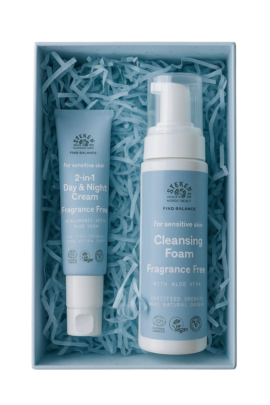 Bekvapės veido priežiūros rinkinio nuotrauka – natūrali kosmetika jautriai odai, 2-in-1 kremas ir bekvapės prausimosi putos dėžutėje.