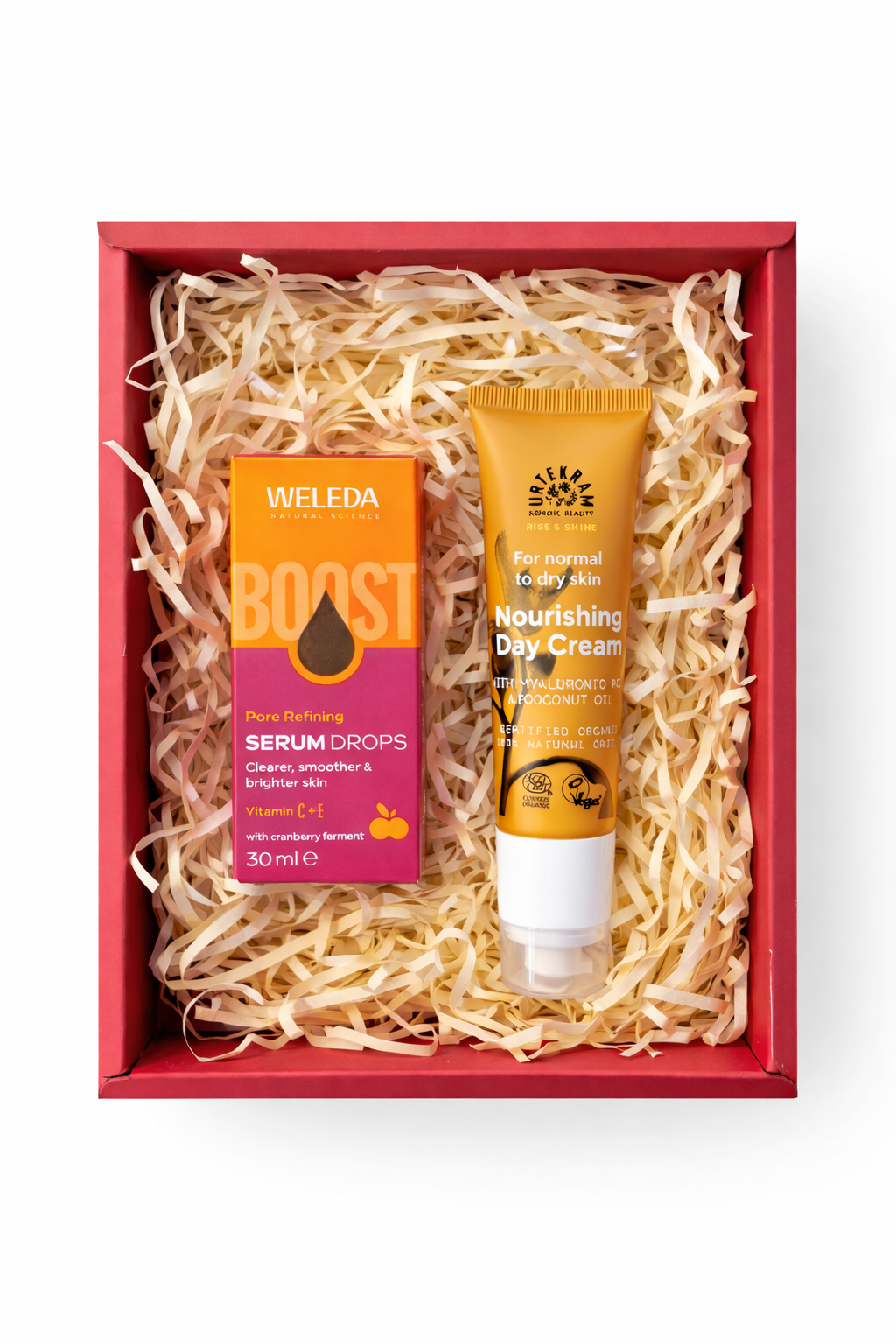 Natūrali kosmetika – Weleda Boost serumo lašai ir Urtekram maitinamasis dieninis kremas dovanų rinkinyje