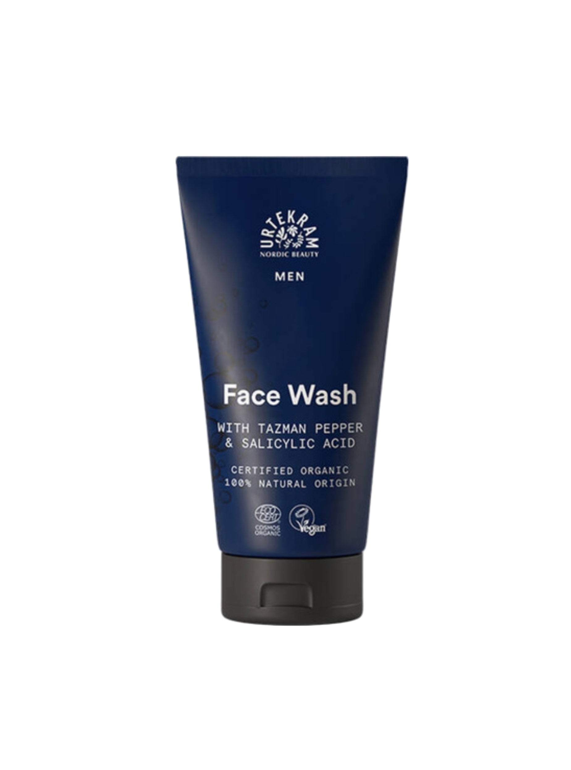 Vyrų veido prausimosi gelis Urtekram – natūrali kosmetika kasdienei odos priežiūrai.