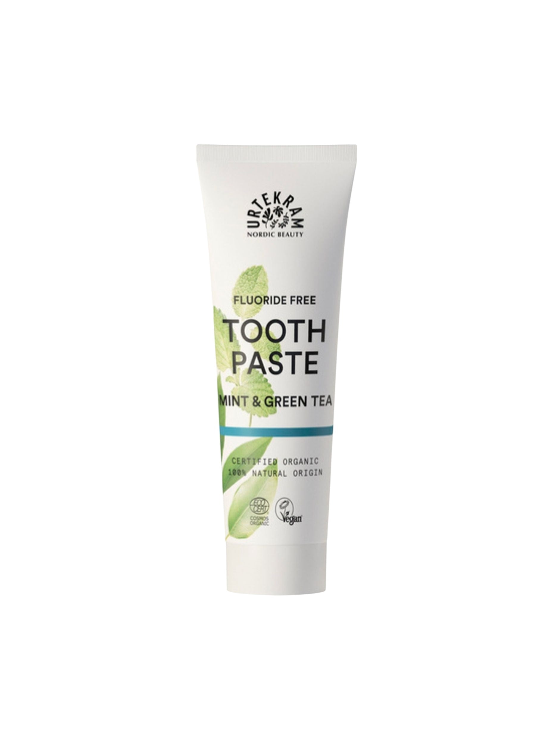 Dantų pasta Urtekram su mėtomis ir žaliosios arbatos ekstraktu – gaivinanti natūrali kosmetika švariai burnos priežiūrai.