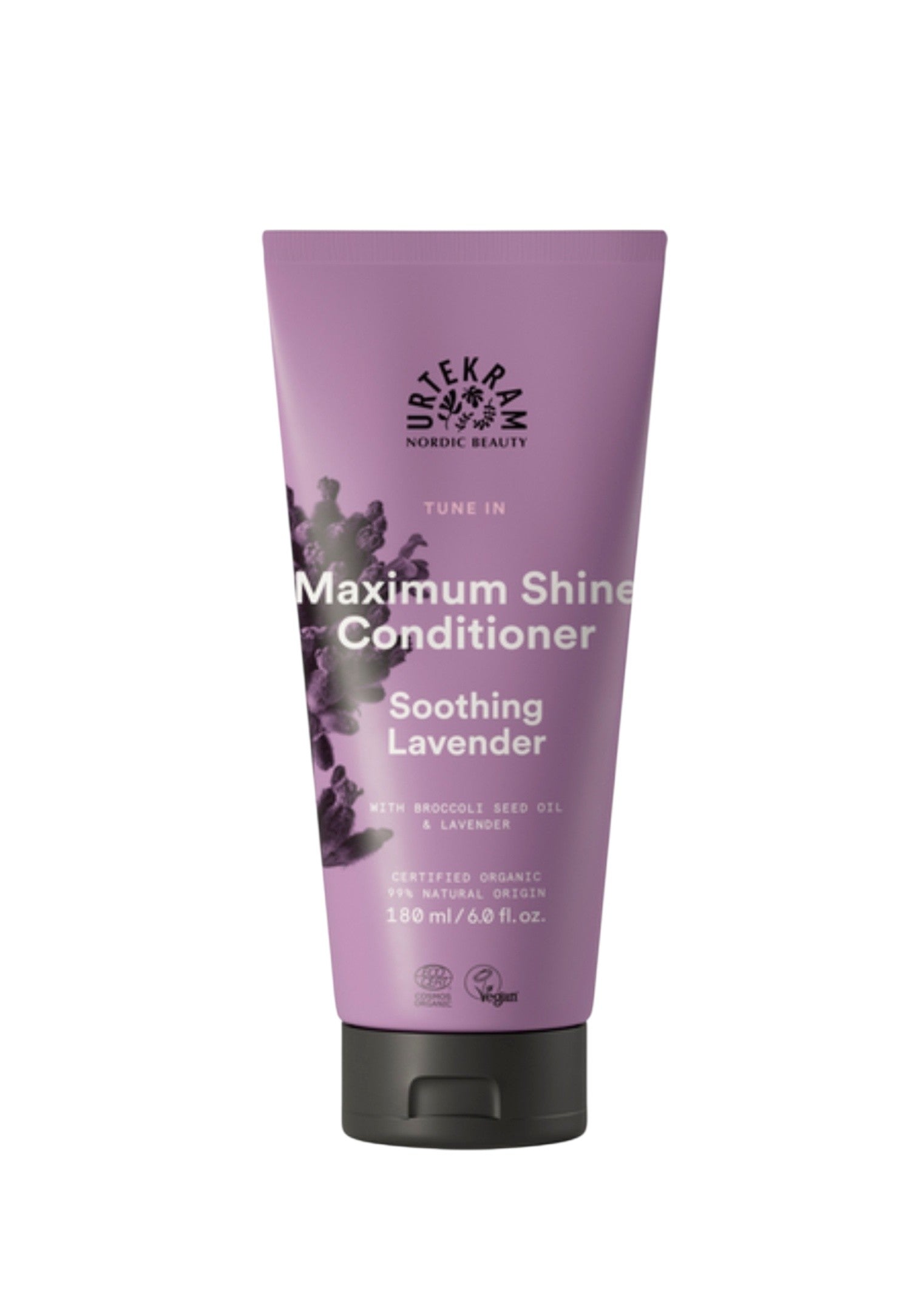 Urtekram plaukų kondicionierius Maximum Shine Soothing Lavender, 180 ml, natūralus kondicionierius su brokolio sėklų aliejumi blizgesiui suteikti.