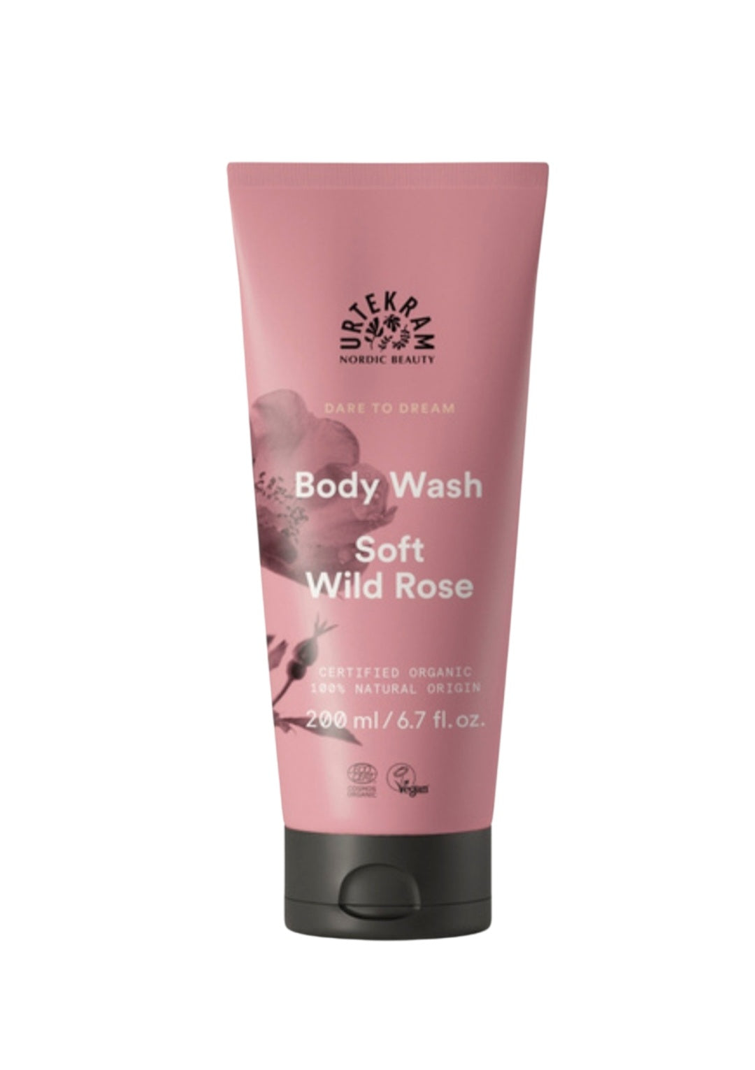 Natūrali kosmetika - dušo želė Urtekram Soft Wild Rose 200 ml . Rožių kvapo švelnus kūno prausiklis.