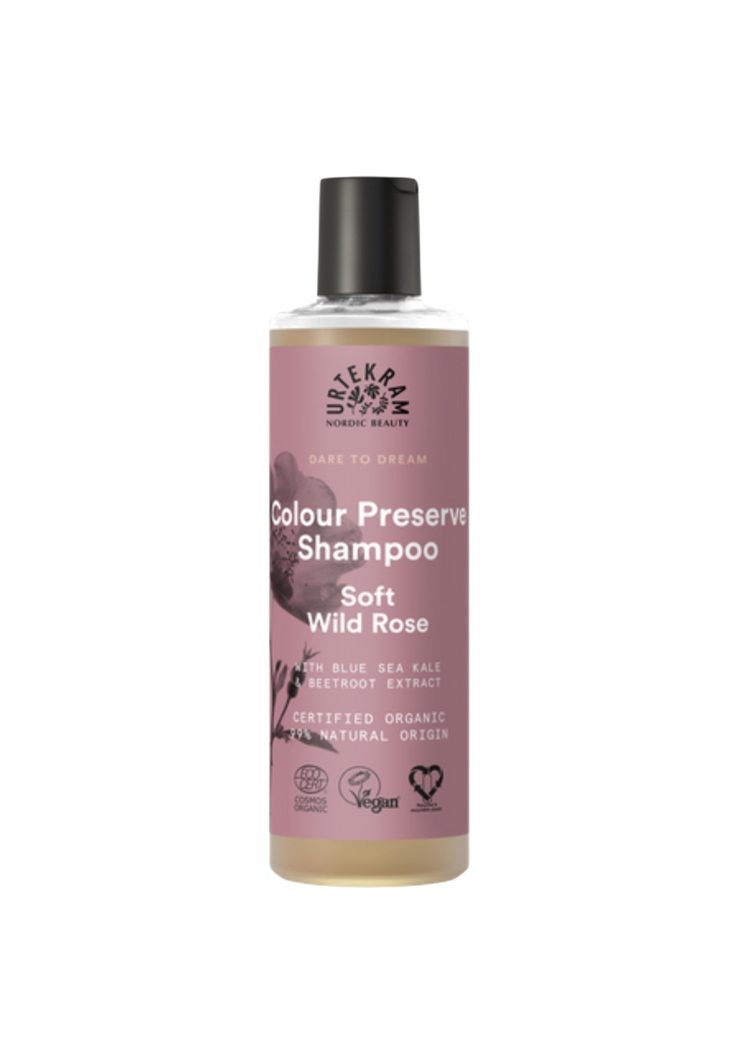 Natūrali kosmetika Urtekram – šampūnas dažytiems plaukams, rožių kosmetika, 250 ml