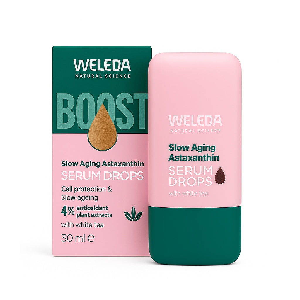 Weleda Astaksantino serumas su dėžute – natūrali kosmetika veido priežiūrai.