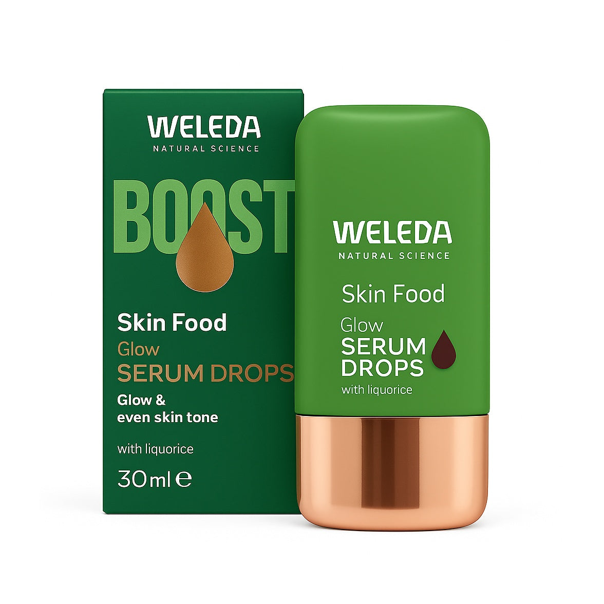 Weleda Skin Food Glow Serum Drops natūrali kosmetika – žalias serumas ir jo dėžutė su užrašu Glow Serum Drops.