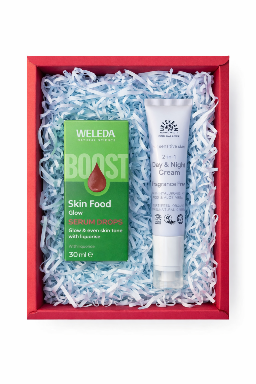 Weleda Skin Food Boost serumo ir Urtekram bekvapio dieninio ir naktinio kremo rinkinys – natūrali kosmetika