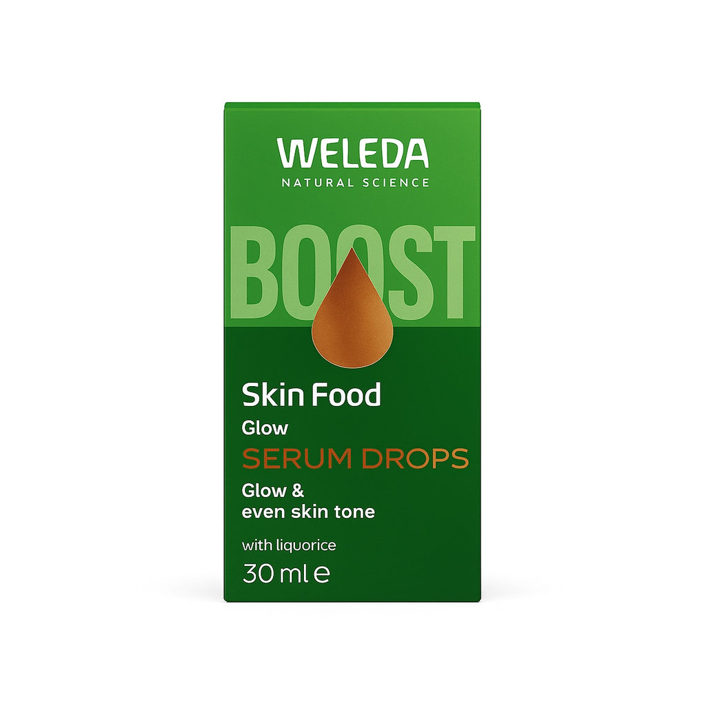 Weleda Skin Food Glow Serum Drops natūrali kosmetika – žalia produkto dėžutė su užrašu Glow Serum Drops.