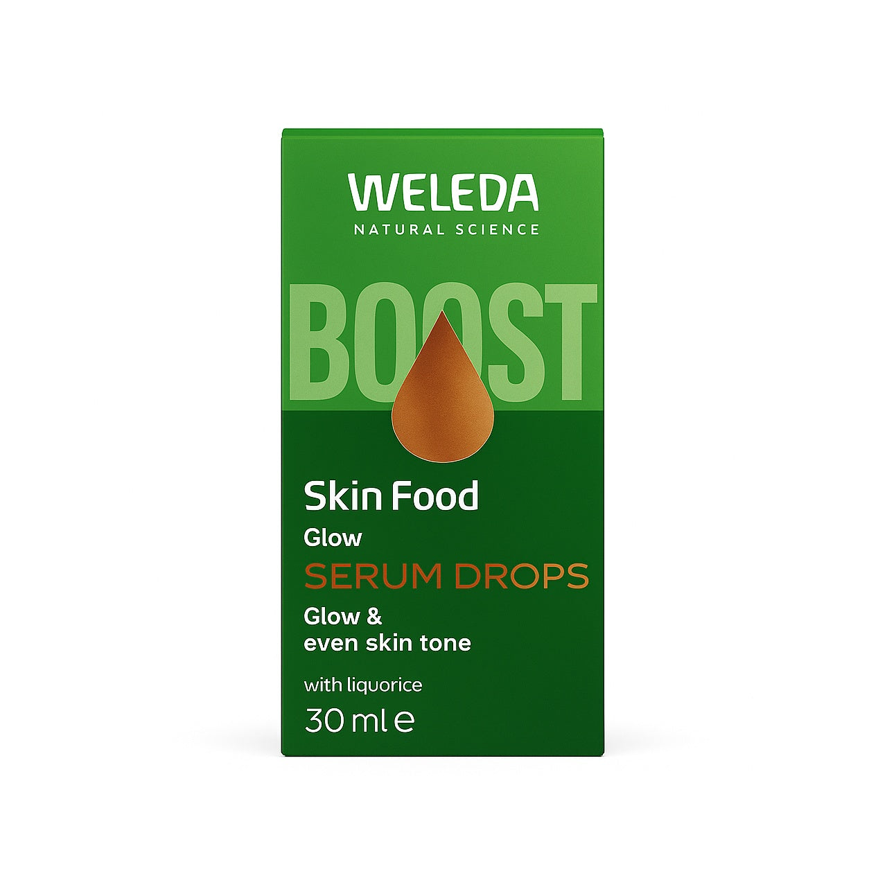 Weleda Skin Food Glow Serum Drops natūrali kosmetika – žalia produkto dėžutė su užrašu Glow Serum Drops.