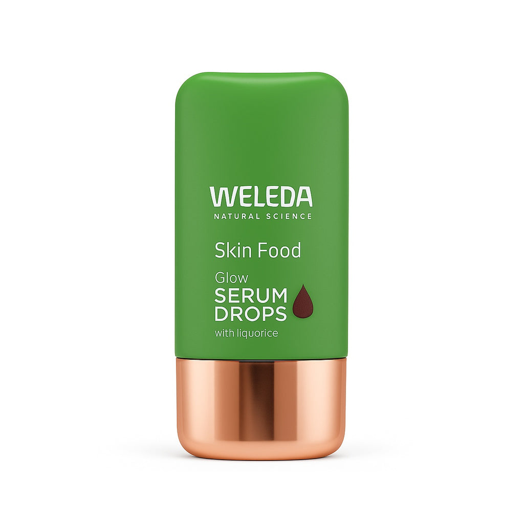 Weleda Skin Food Glow Serum Drops – natūrali kosmetika jautriai odai, žalios pakuotės serumas su liquorice.
